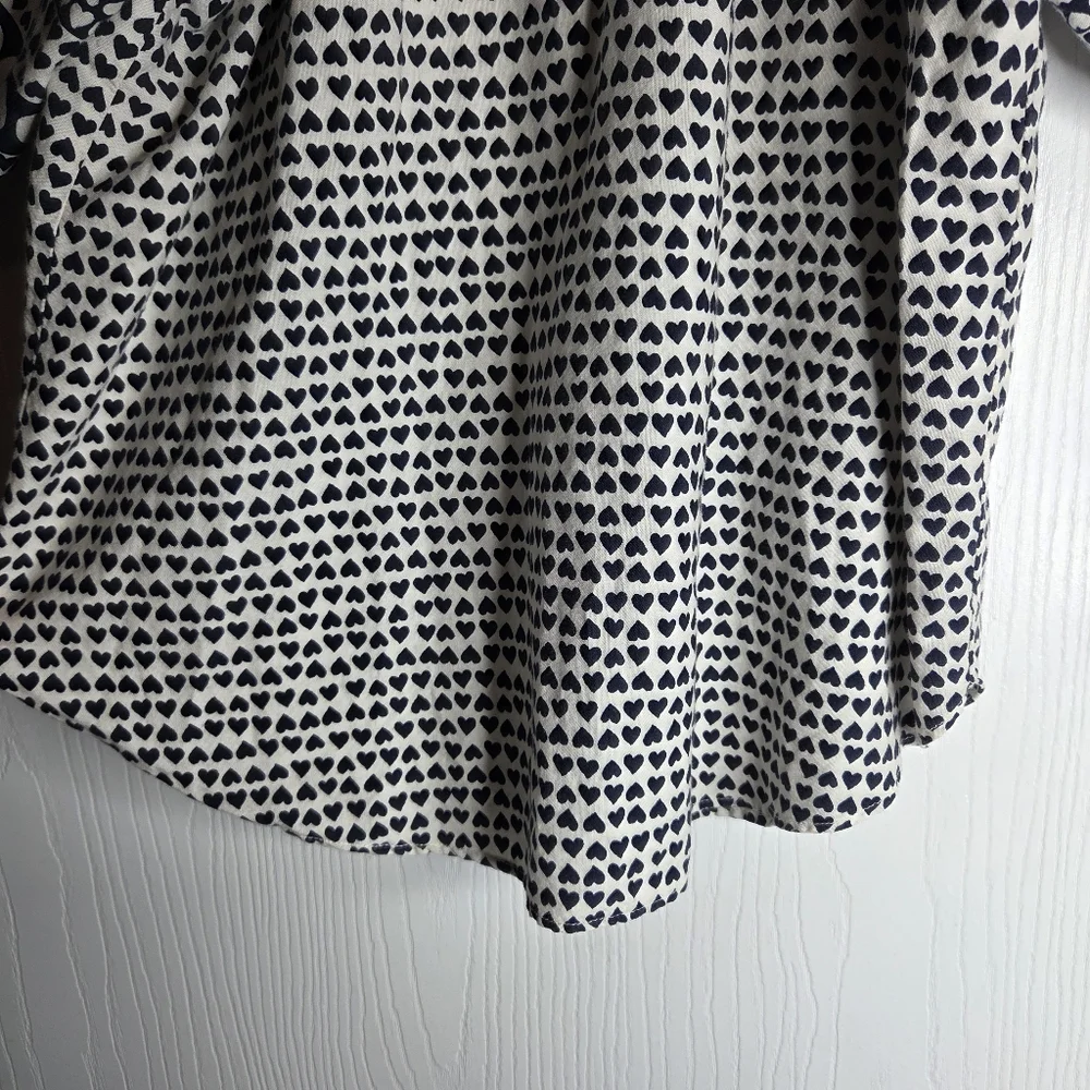 LOFT Navy Blue & White Heart-Print Puff Sleeve Blouse-Size XS Petites